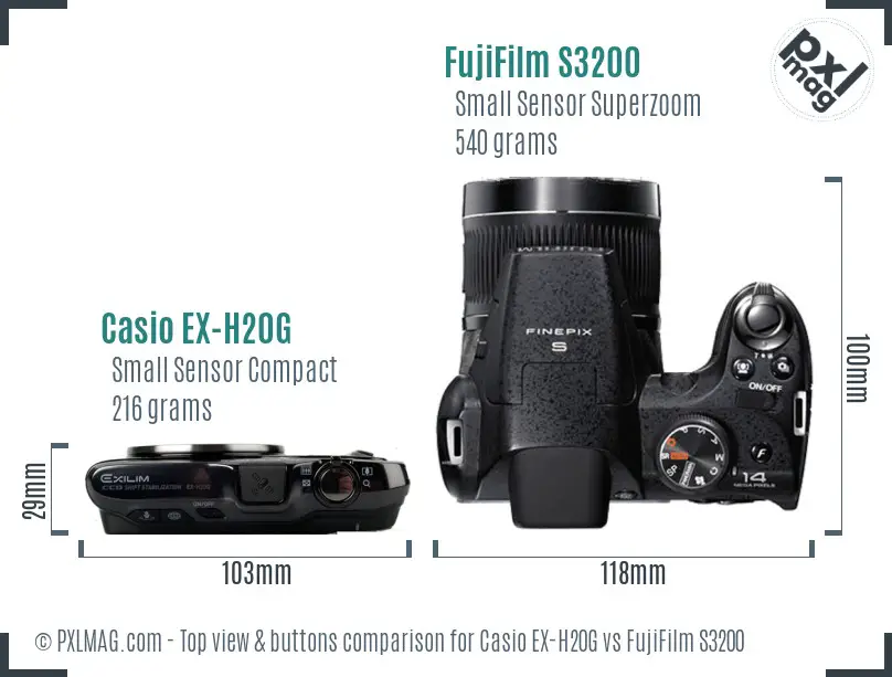 Casio EX-H20G vs FujiFilm S3200 top view buttons comparison Casio EX-H20G vs FujiFilm S3200 top view buttons comparison