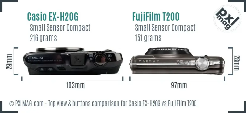 Casio EX-H20G vs FujiFilm T200 top view buttons comparison