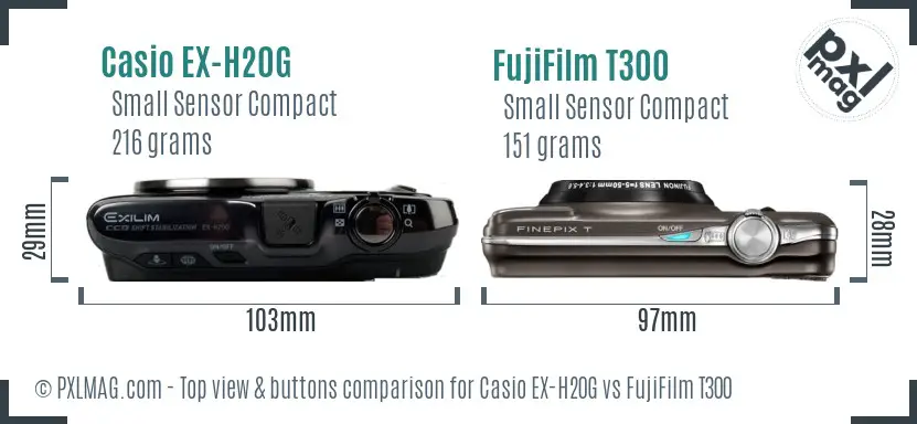 Casio EX-H20G vs FujiFilm T300 top view buttons comparison