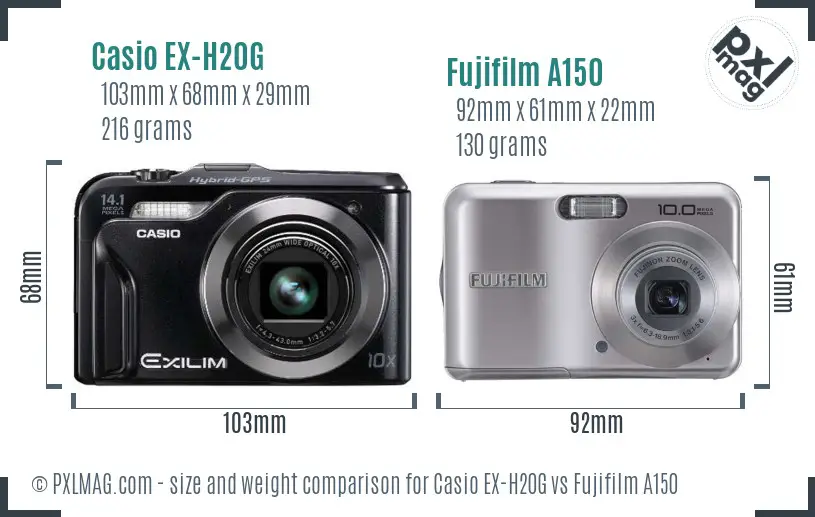 Casio EX-H20G vs Fujifilm A150 size comparison