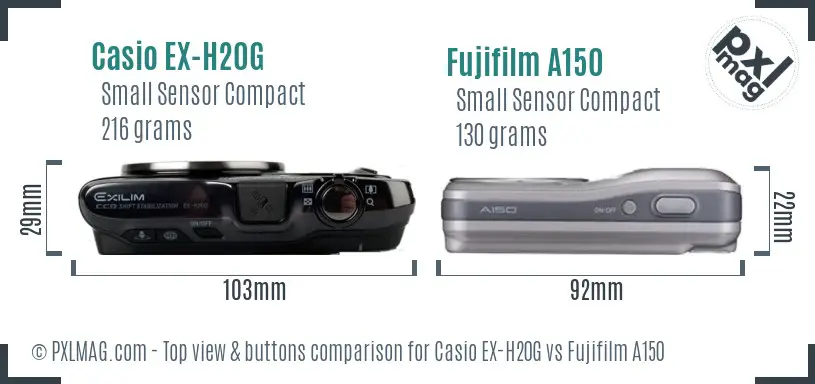 Casio EX-H20G vs Fujifilm A150 top view buttons comparison