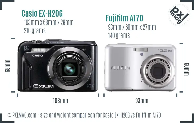 Casio EX-H20G vs Fujifilm A170 size comparison