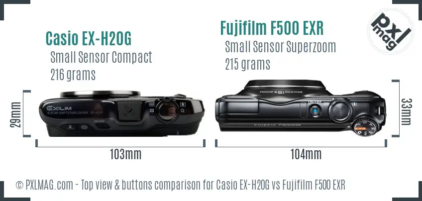 Casio EX-H20G vs Fujifilm F500 EXR top view buttons comparison Casio EX-H20G vs Fujifilm F500 EXR top view buttons comparison