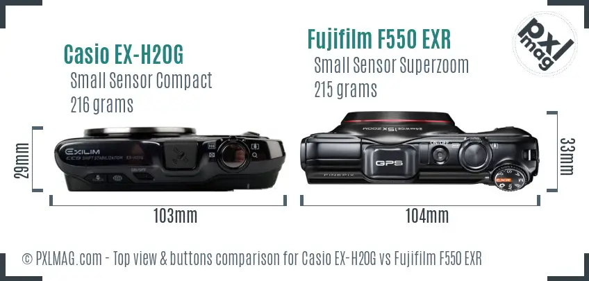 Casio EX-H20G vs Fujifilm F550 EXR top view buttons comparison