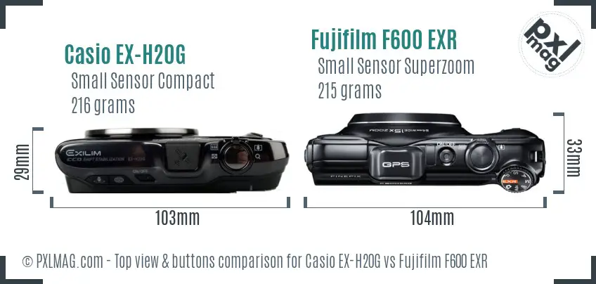 Casio EX-H20G vs Fujifilm F600 EXR top view buttons comparison