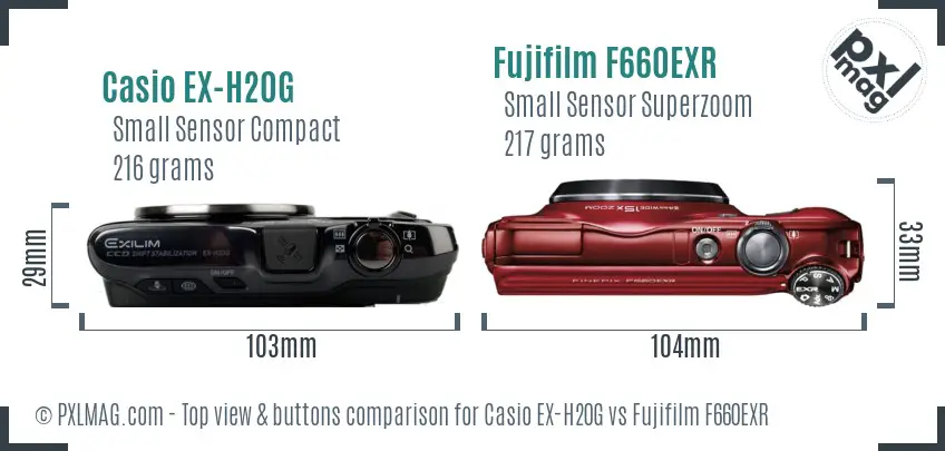 Casio EX-H20G vs Fujifilm F660EXR top view buttons comparison