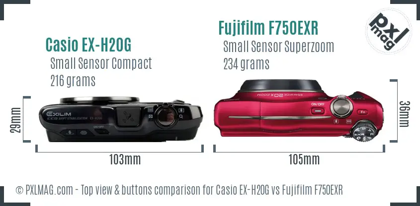 Casio EX-H20G vs Fujifilm F750EXR top view buttons comparison