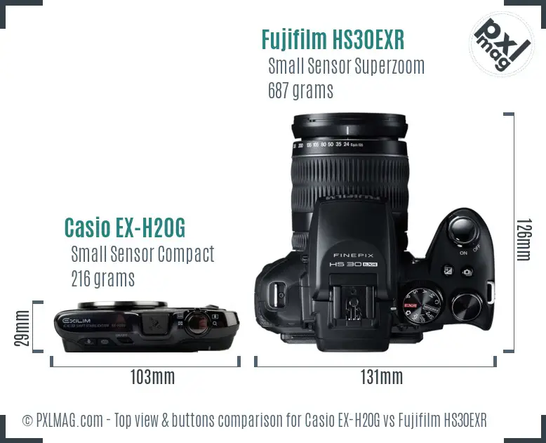 Casio EX-H20G vs Fujifilm HS30EXR top view buttons comparison