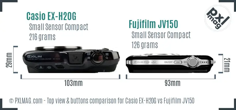 Casio EX-H20G vs Fujifilm JV150 top view buttons comparison