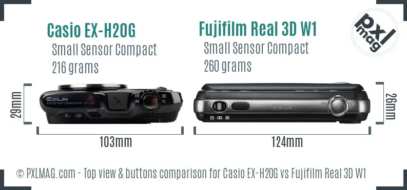 Casio EX-H20G vs Fujifilm Real 3D W1 top view buttons comparison Casio EX-H20G vs Fujifilm Real 3D W1 top view buttons comparison