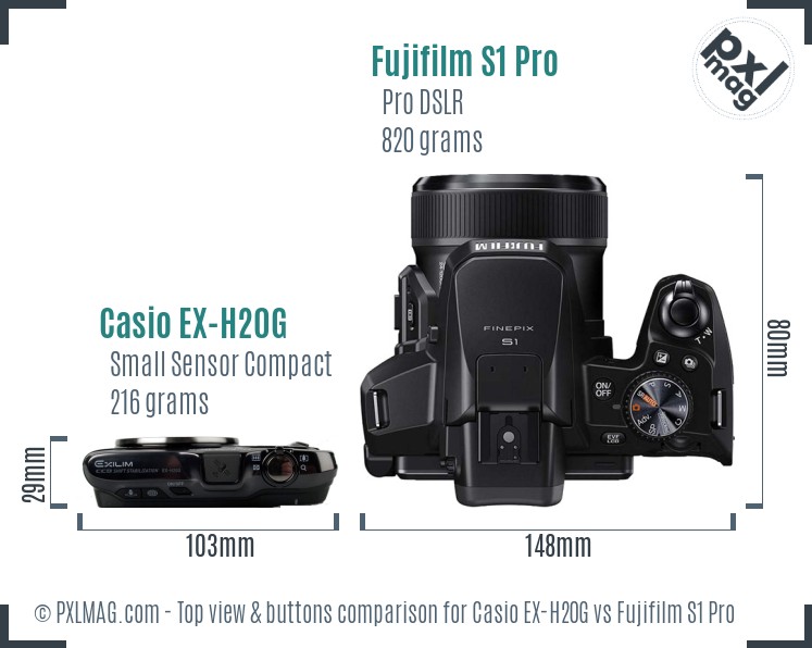 Casio EX-H20G vs Fujifilm S1 Pro top view buttons comparison