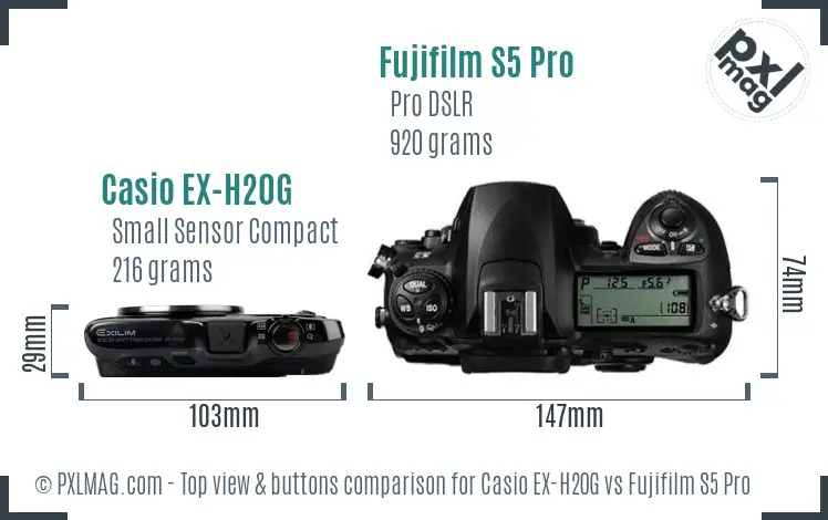 Casio EX-H20G vs Fujifilm S5 Pro top view buttons comparison