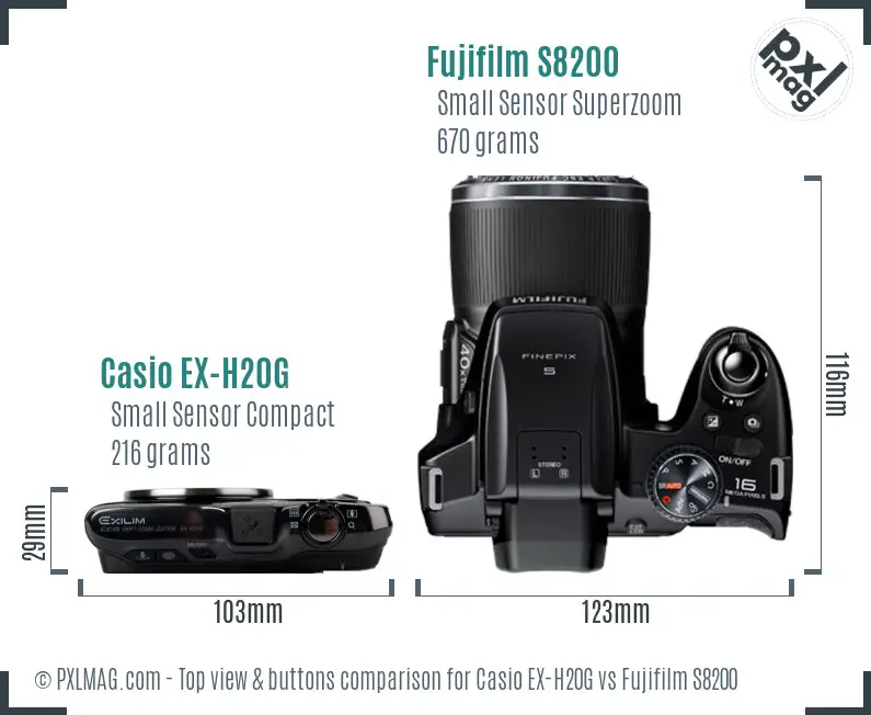 Casio EX-H20G vs Fujifilm S8200 top view buttons comparison Casio EX-H20G vs Fujifilm S8200 top view buttons comparison
