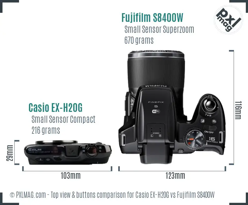 Casio EX-H20G vs Fujifilm S8400W top view buttons comparison