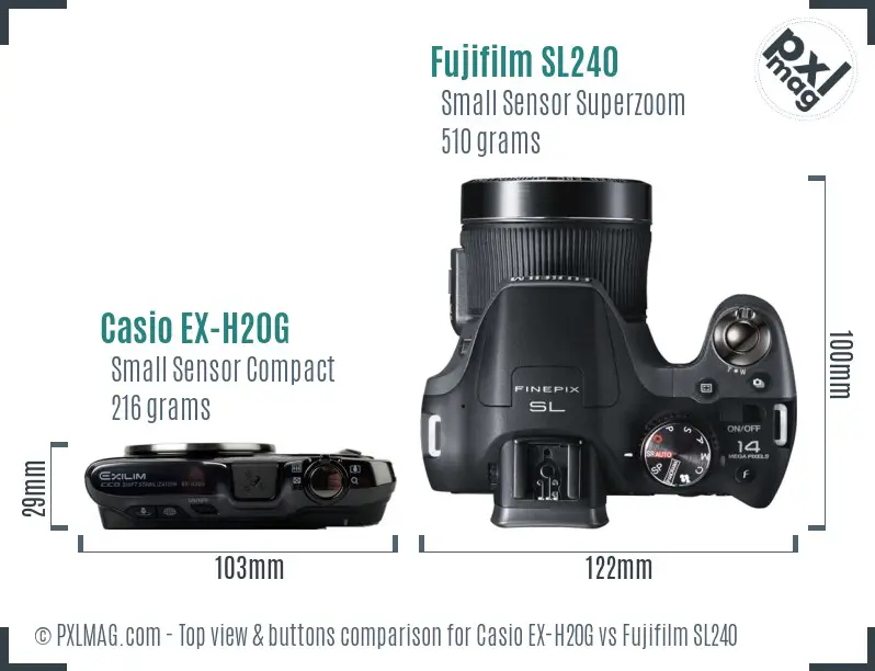 Casio EX-H20G vs Fujifilm SL240 top view buttons comparison Casio EX-H20G vs Fujifilm SL240 top view buttons comparison