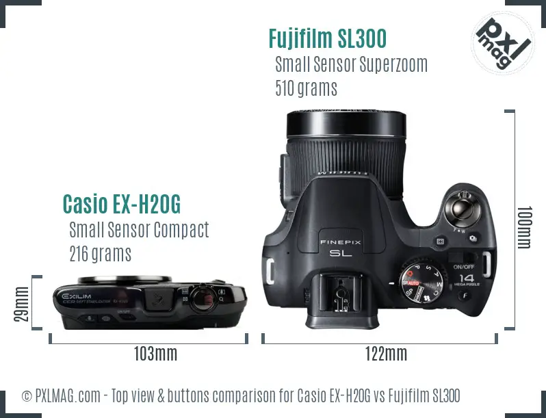 Casio EX-H20G vs Fujifilm SL300 top view buttons comparison Casio EX-H20G vs Fujifilm SL300 top view buttons comparison