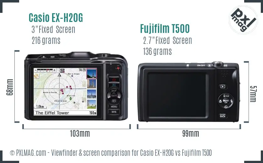 Casio EX-H20G vs Fujifilm T500 Screen and Viewfinder comparison