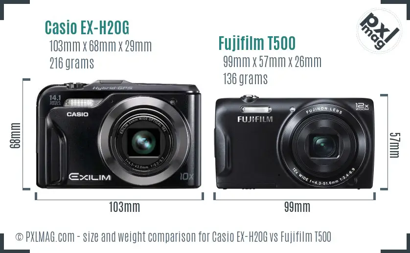 Casio EX-H20G vs Fujifilm T500 size comparison