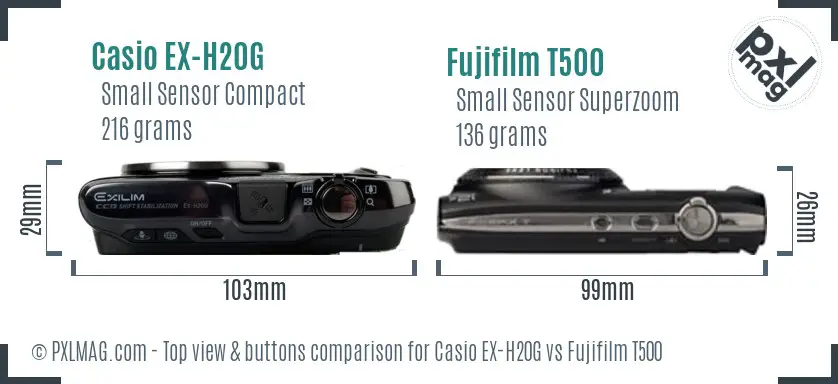 Casio EX-H20G vs Fujifilm T500 top view buttons comparison