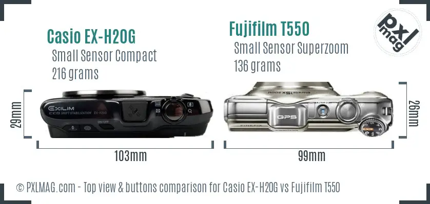 Casio EX-H20G vs Fujifilm T550 top view buttons comparison Casio EX-H20G vs Fujifilm T550 top view buttons comparison