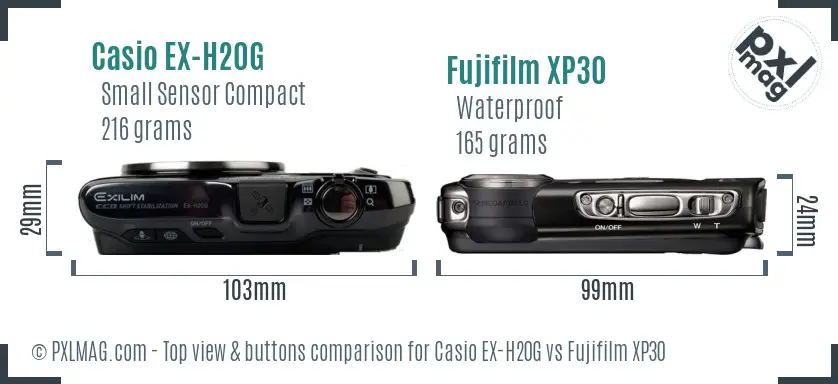 Casio EX-H20G vs Fujifilm XP30 top view buttons comparison Casio EX-H20G vs Fujifilm XP30 top view buttons comparison
