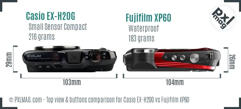 Casio EX-H20G vs Fujifilm XP60 top view buttons comparison