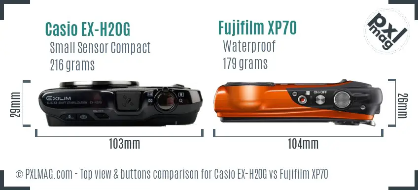 Casio EX-H20G vs Fujifilm XP70 top view buttons comparison