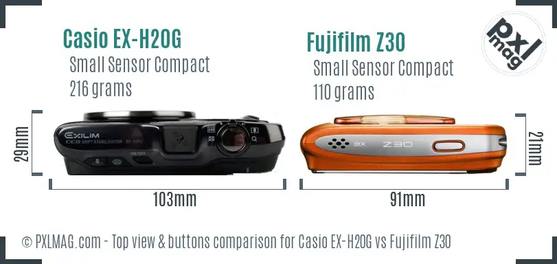 Casio EX-H20G vs Fujifilm Z30 top view buttons comparison