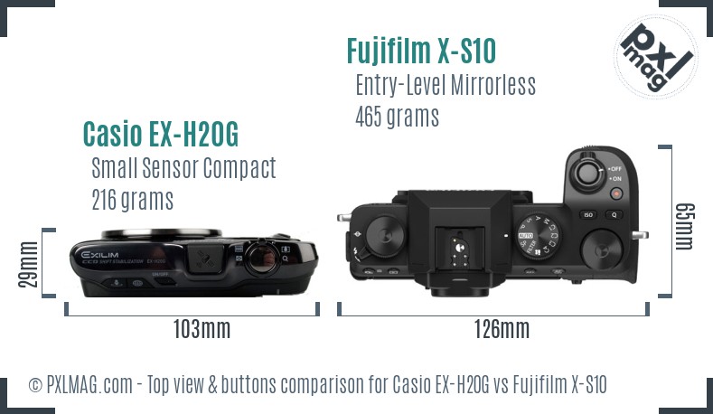 Casio EX-H20G vs Fujifilm X-S10 top view buttons comparison