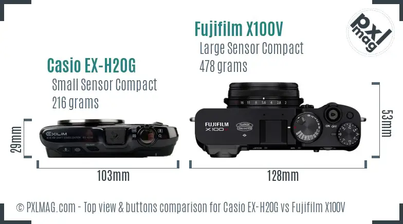 Casio EX-H20G vs Fujifilm X100V top view buttons comparison