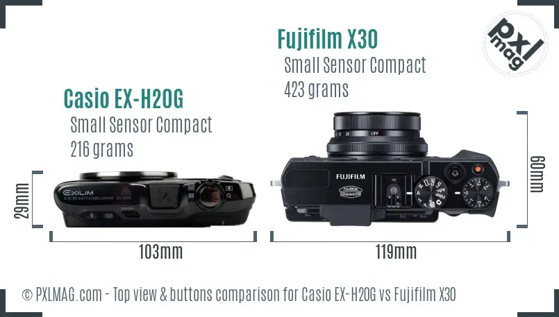 Casio EX-H20G vs Fujifilm X30 top view buttons comparison