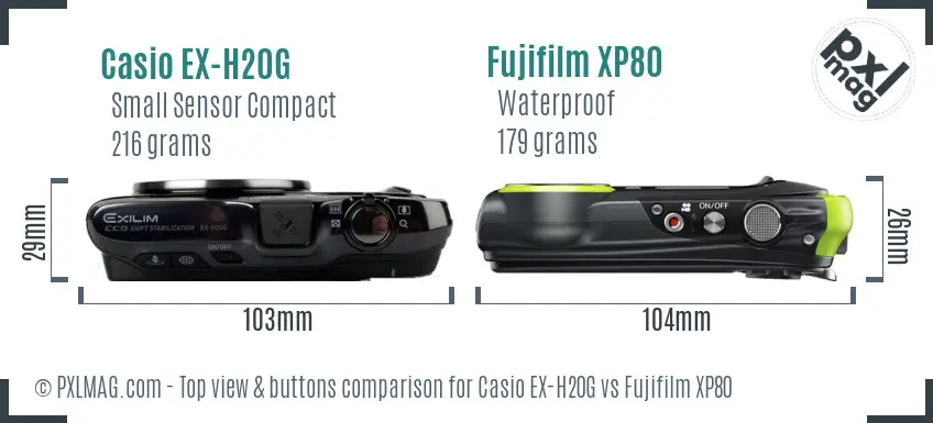 Casio EX-H20G vs Fujifilm XP80 top view buttons comparison Casio EX-H20G vs Fujifilm XP80 top view buttons comparison