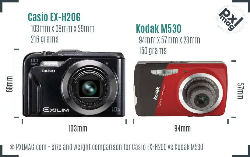 Casio EX-H20G vs Kodak M530 size comparison