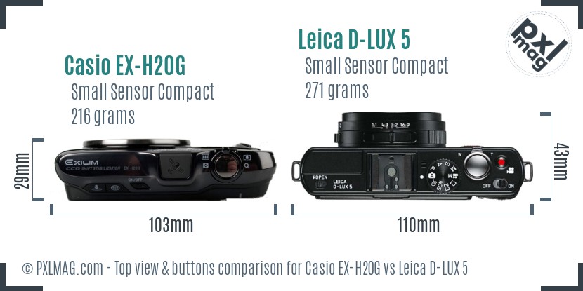 Casio EX-H20G vs Leica D-LUX 5 top view buttons comparison