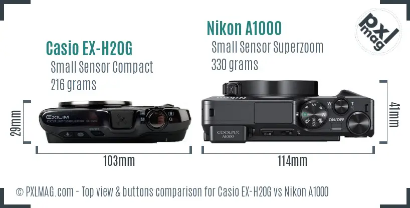 Casio EX-H20G vs Nikon A1000 top view buttons comparison