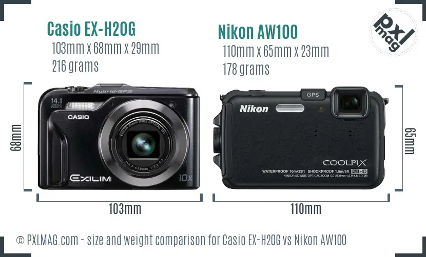 Casio EX-H20G vs Nikon AW100 size comparison Casio EX-H20G vs Nikon AW100 size comparison