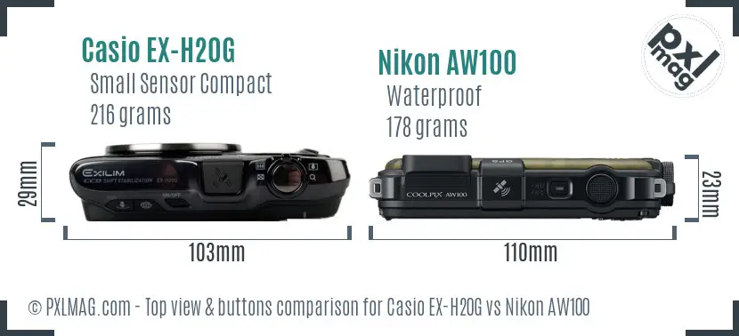 Casio EX-H20G vs Nikon AW100 top view buttons comparison Casio EX-H20G vs Nikon AW100 top view buttons comparison
