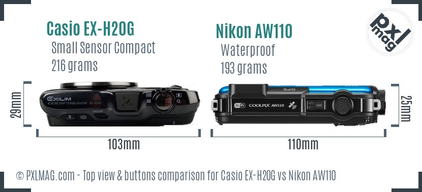 Casio EX-H20G vs Nikon AW110 top view buttons comparison