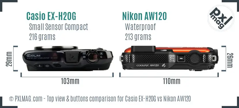 Casio EX-H20G vs Nikon AW120 top view buttons comparison