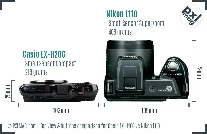 Casio EX-H20G vs Nikon L110 top view buttons comparison