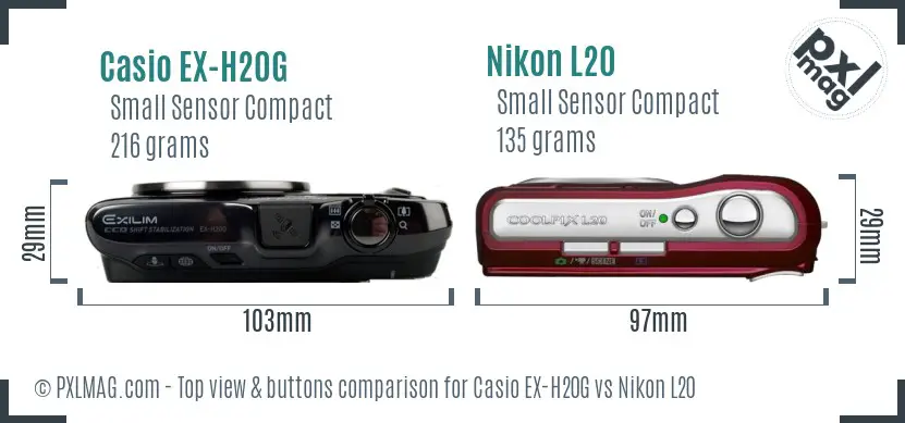 Casio EX-H20G vs Nikon L20 top view buttons comparison Casio EX-H20G vs Nikon L20 top view buttons comparison