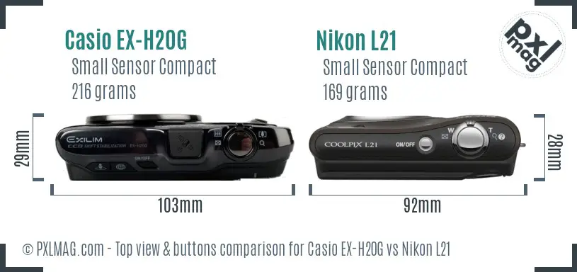 Casio EX-H20G vs Nikon L21 top view buttons comparison Casio EX-H20G vs Nikon L21 top view buttons comparison