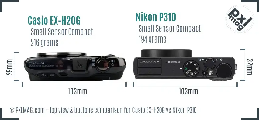 Casio EX-H20G vs Nikon P310 top view buttons comparison