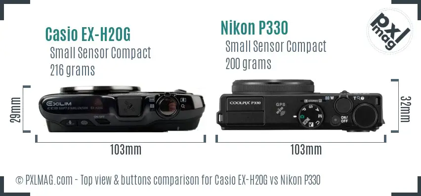 Casio EX-H20G vs Nikon P330 top view buttons comparison