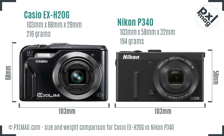 Casio EX-H20G vs Nikon P340 size comparison