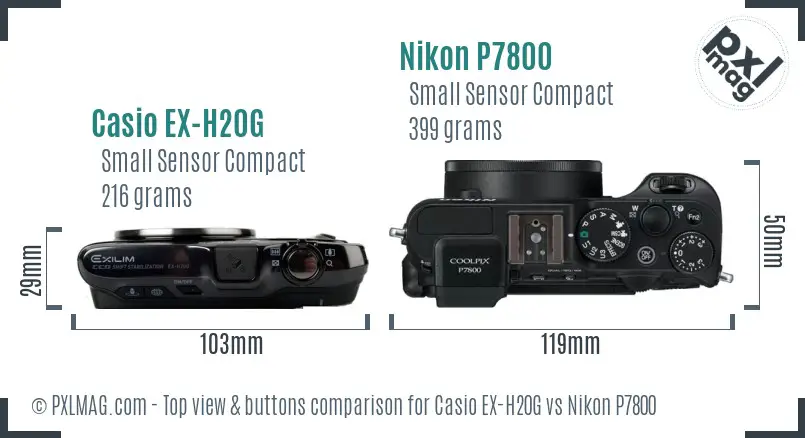 Casio EX-H20G vs Nikon P7800 top view buttons comparison