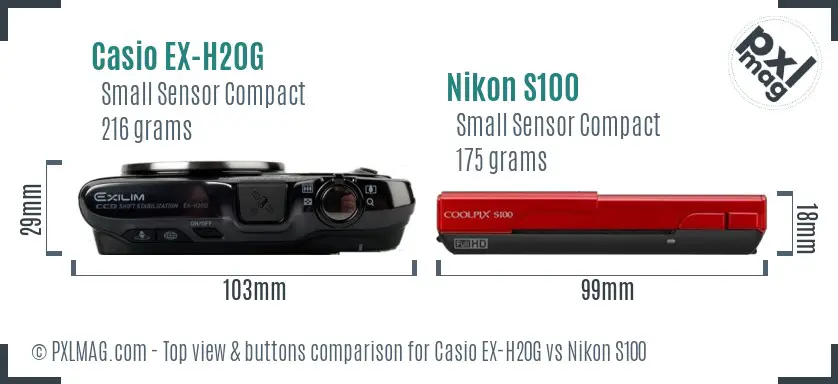 Casio EX-H20G vs Nikon S100 top view buttons comparison Casio EX-H20G vs Nikon S100 top view buttons comparison