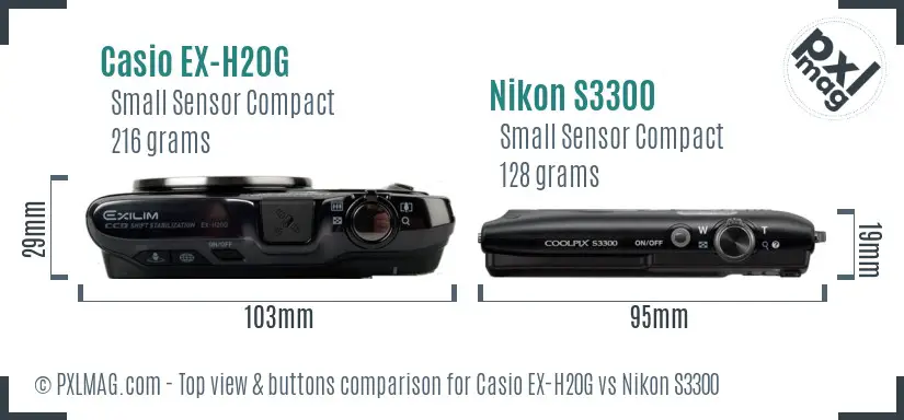Casio EX-H20G vs Nikon S3300 top view buttons comparison Casio EX-H20G vs Nikon S3300 top view buttons comparison
