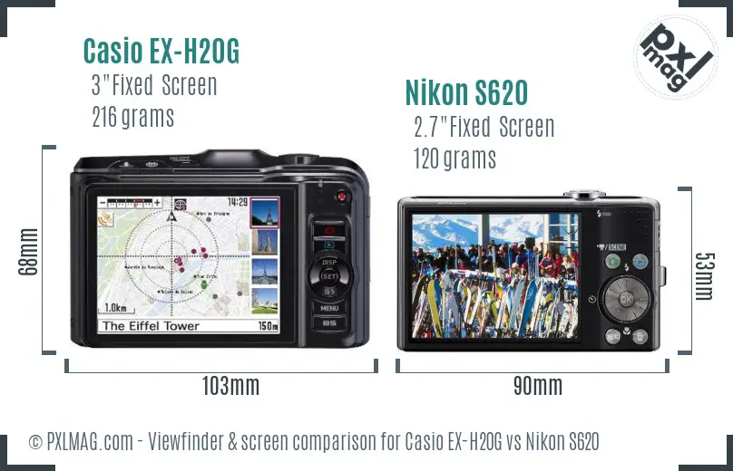 Casio EX-H20G vs Nikon S620 Screen and Viewfinder comparison