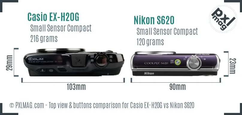 Casio EX-H20G vs Nikon S620 top view buttons comparison